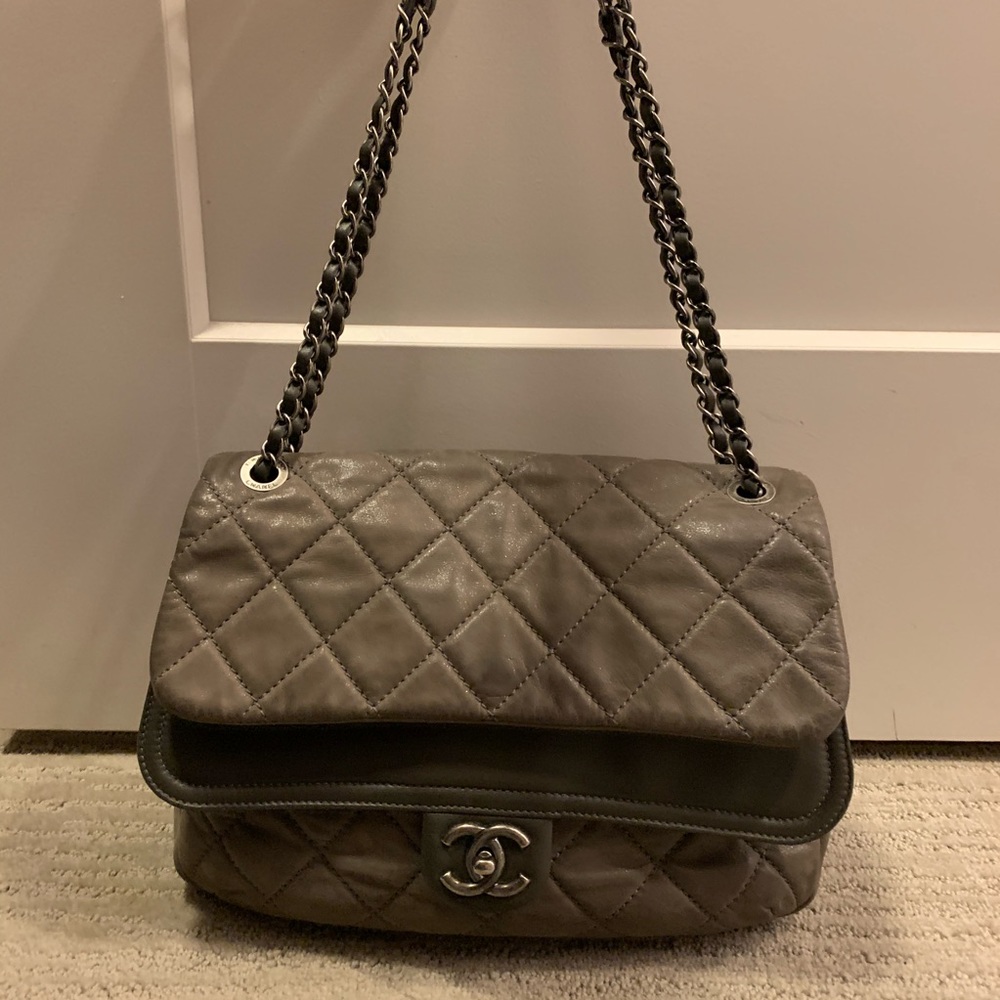 CHANEL Authentic CC Quilted Gunmetal Flap Bag